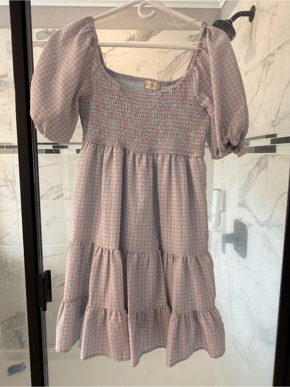 Altar'd State Pink and Light Blue Checked Puff-Sleeve Smocked Dress